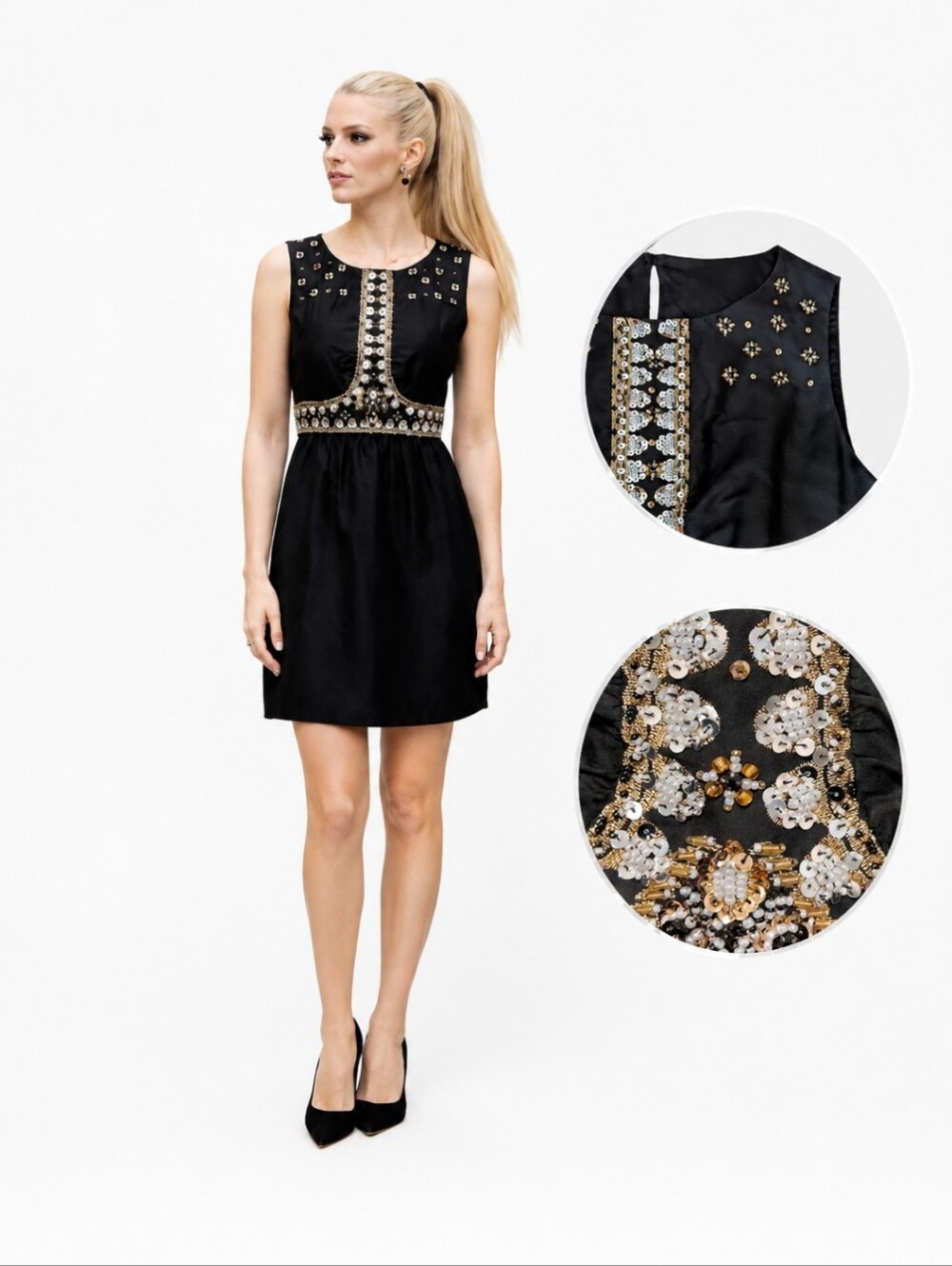 Tibi 100% silk black sleeveless short party dress with sequins/ beads sz 4
